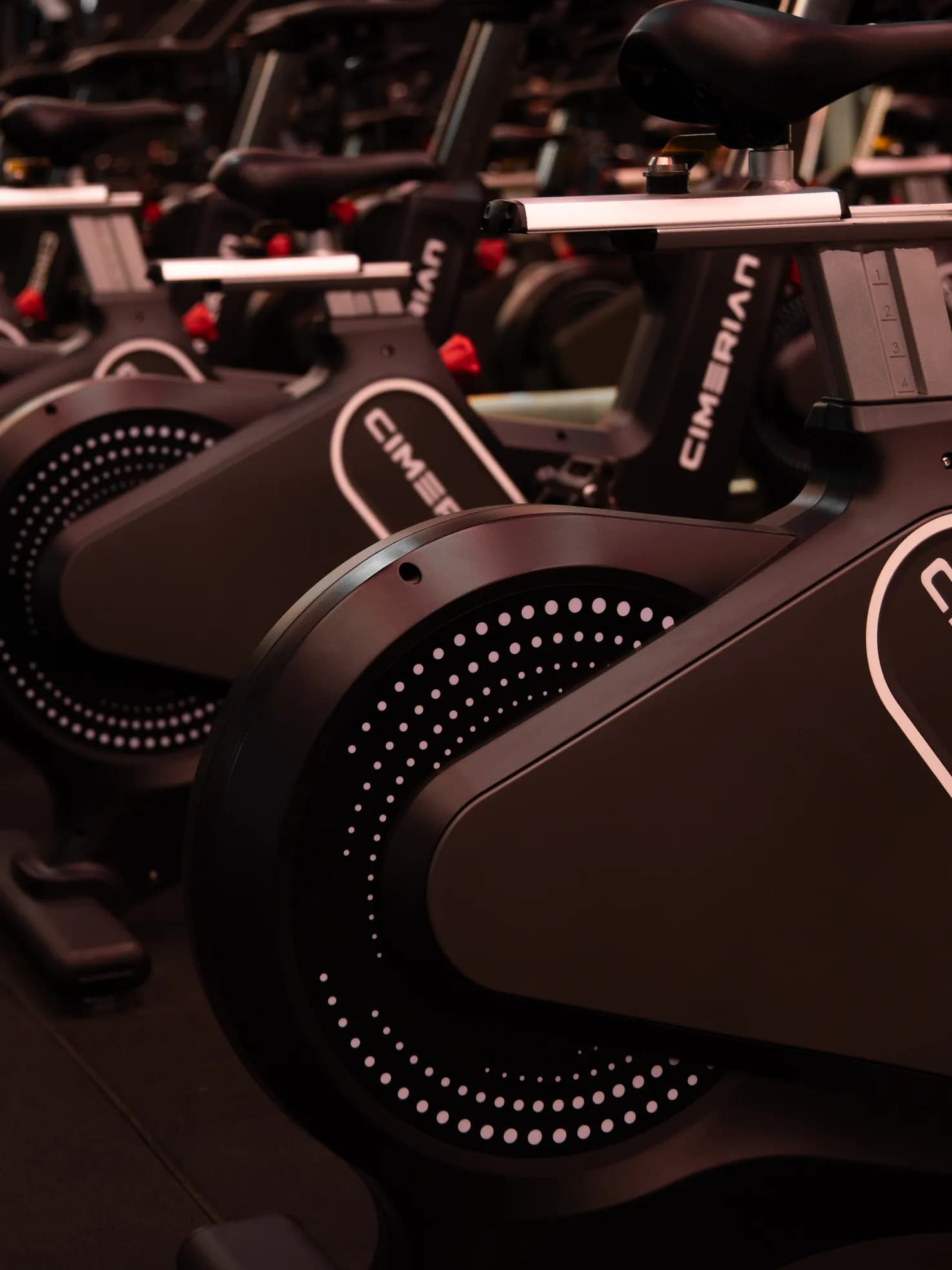 Bikes de spinning alinhadas, detalhe do volante